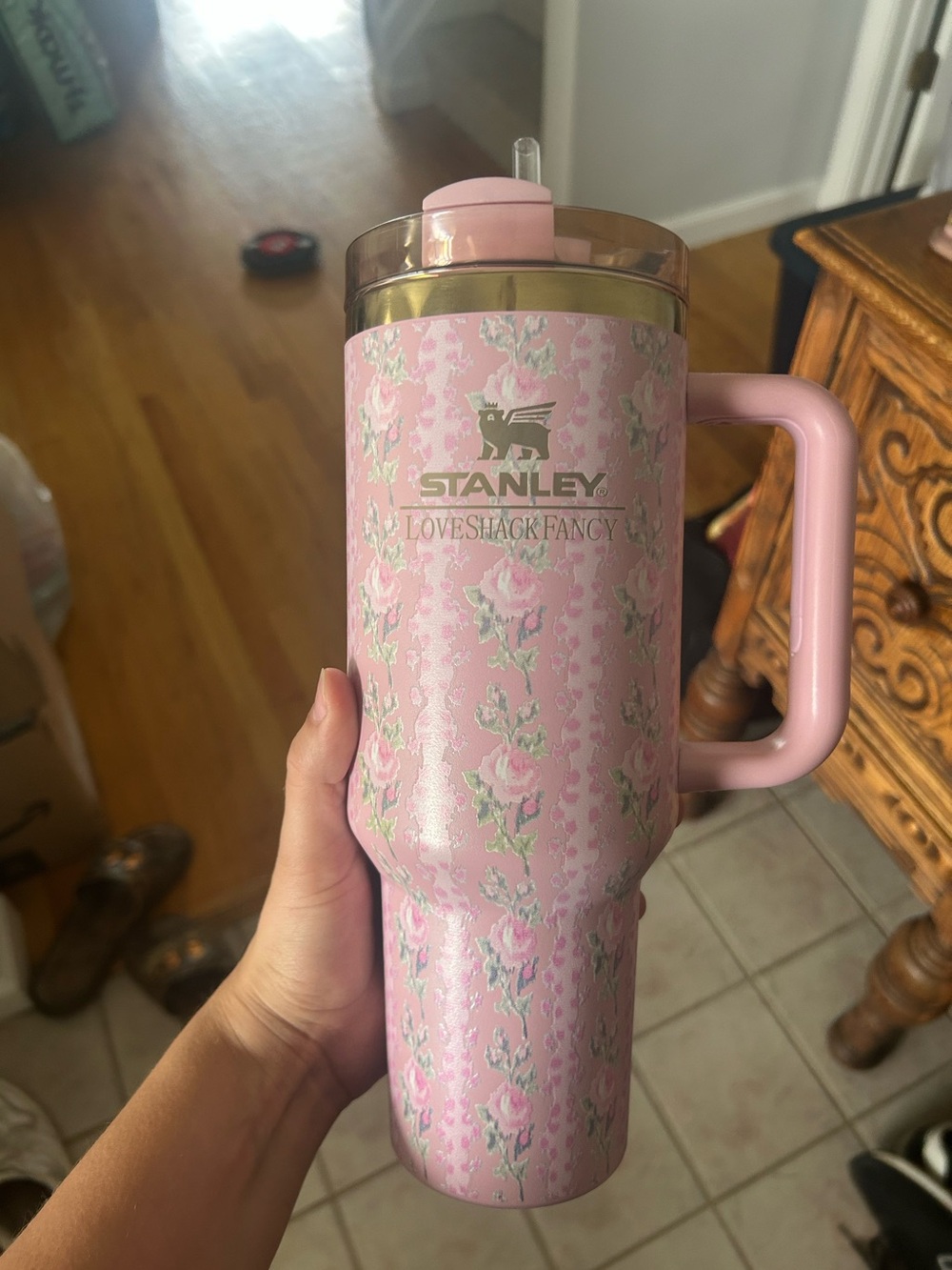 LoveShackFancy Pink Floral Stanley Travel Mug with Handle